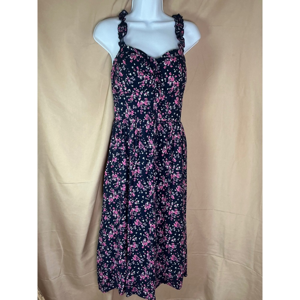No Brand Floral Midi Dress Womens large Navy Blue Pink Excellent Ruffle Straps